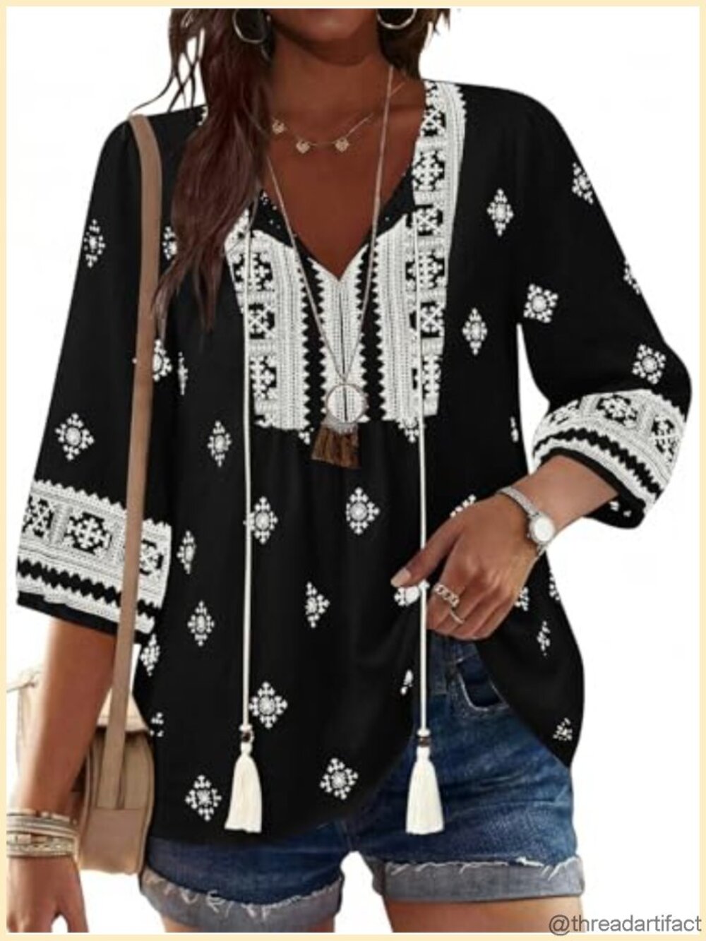 Poetsky Women's 3/4 Sleeve Babydoll Tunic Top Boho Floral V Neck Tie Front